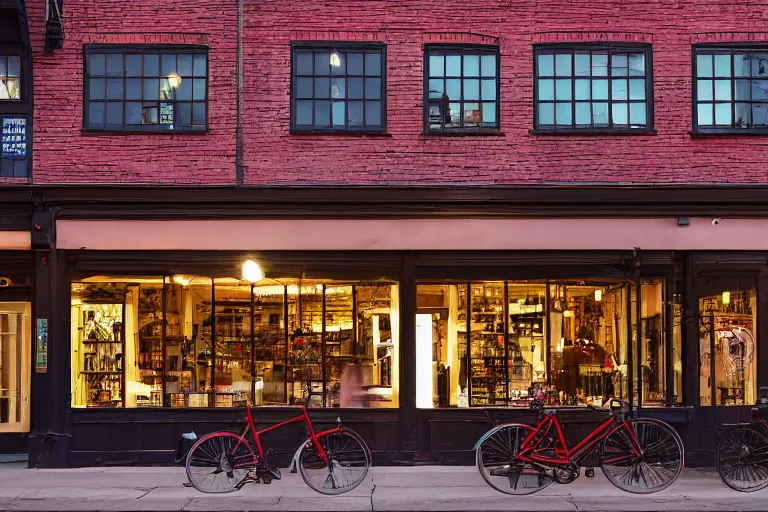 Image similar to boutique bicycle shop storefront wide angle street at dusk, red brick surround, cinematic lighting