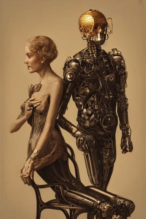 Image similar to a beautiful ultradetailed fine art old vintage couples portrait photo of cyborgs sitting on a chair and standing, by tom bagshaw and zach sutton, couples portrait, vignette, 35mm lens, golden ratio composition, studio photography, very detailed, humanoids, artstation, 8k, highly coherent