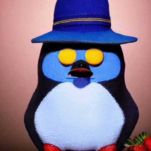 Image similar to Beautiful 3d tender of a angry blue pingüin with a hat Made strawberry dramatic lighting
