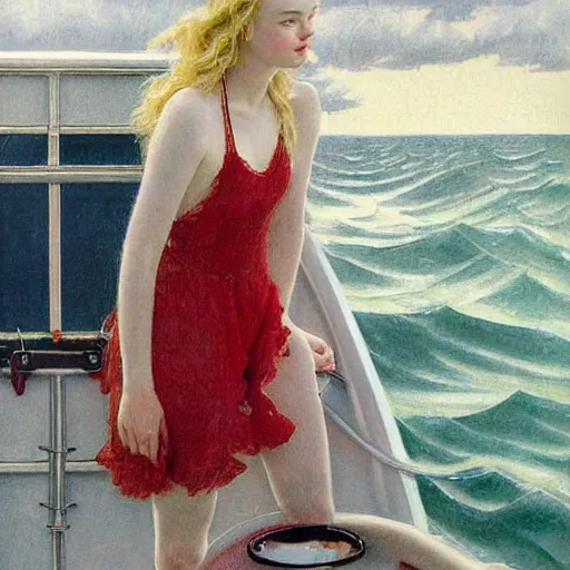 Image similar to Painting of Elle Fanning on a boat during a storm, long blonde hair, delicate, pale milky white porcelain skin, by Norman Rockwell and Edward Hopper. Extremely detailed.