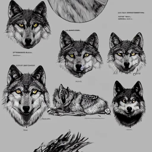 Prompt: ( ( ( wolf ) ) ) with the head of an owl, animal reference sheet, featured on artstation