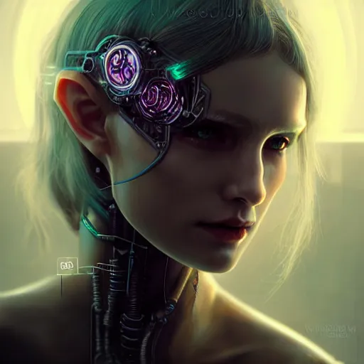 Image similar to cyberpunk robotic dark elvish queen, diadem on the head, extremely detailed, hyperrealistic, intricate, soft light, fantasy, digital painting, art station, perfect faces, fine details, by wlop