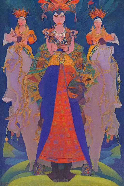 Prompt: queen of spring, by Nicholas Roerich and Tino Rodriguez and Diego Rivera , elaborate headdress and embroidered velvet, iridescent beetles, rich color, dramatic cinematic lighting, extremely detailed