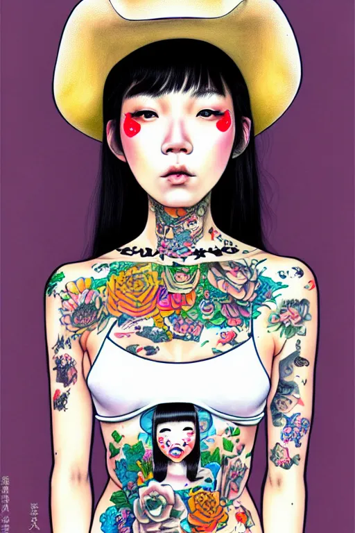 Image similar to full view of taiwanese girl with tattoos, wearing a cowboy hat, style of yoshii chie and hikari shimoda and martine johanna, highly detailed