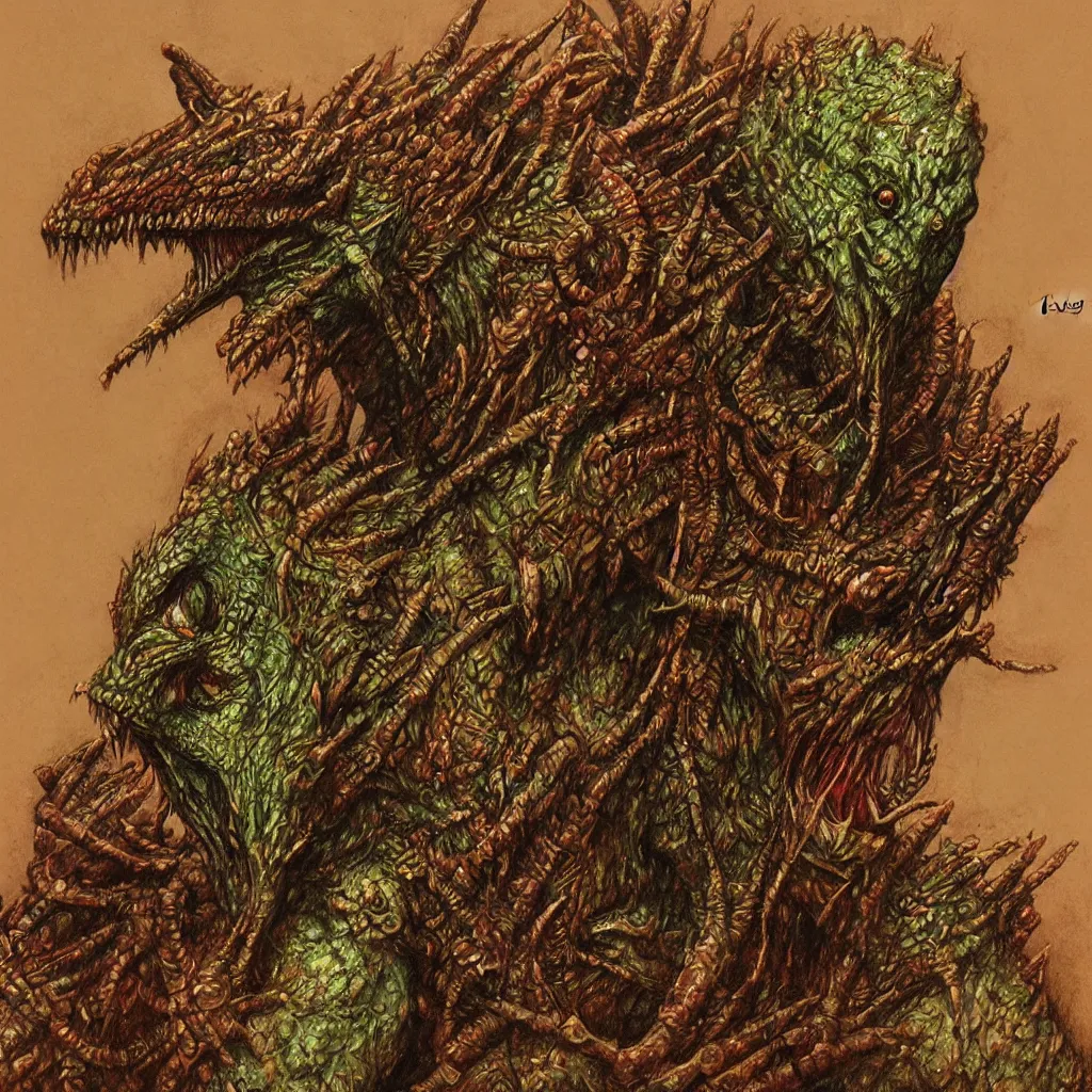 Prompt: lizardman warrior concept, highly detailed, tribal, beksinski