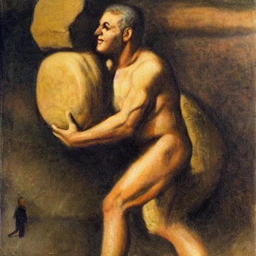 Image similar to a painting of benjamin netanyahu as sisyphus, carrying boulder on shoulders, by franz stuck