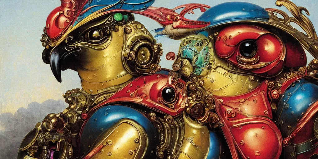 Prompt: a baroque neoclassicist renaissance close - up portrait of a colorful iridescent whimsical 1 8 0 0 s japanese mecha gundam hawk eagle falcon bird with big glowing eyes. reflective detailed textures. puffy clouds, dark black background. highly detailed fantasy science fic tion painting by moebius, norman rockwell, frank frazetta, and syd mead. rich colors, high contrast. artstation