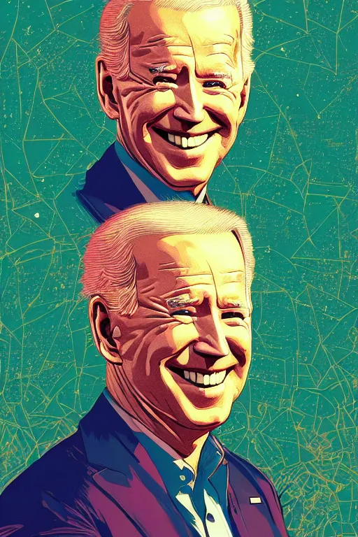 Prompt: portrait of joe biden down the hall, smiling down from above turned away, artstation winner by victo ngai, kilian eng and by jake parker vibrant colors, winning - award masterpiece, fantastically gaudy, aesthetic octane render, 8 k hd resolution
