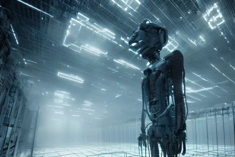 Image similar to extremely detailed cinematic movie still 3 0 7 7 foggy portrait shot of a robot in an endless data centre by denis villeneuve, wayne barlowe, simon birch, philippe druillet, beeple, volumetric sunlight from small windows