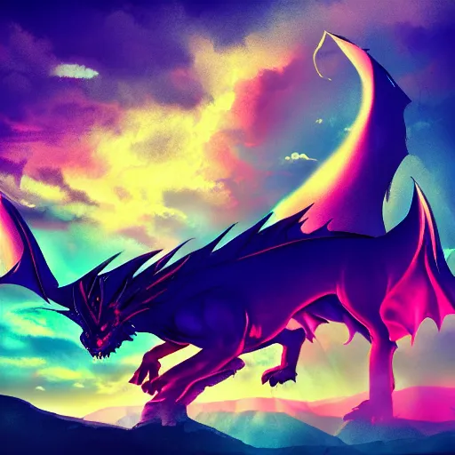 Image similar to aesthetic synthwave dragon on a mountain between the clouds