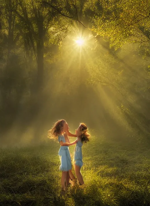 Prompt: misty swamp, hazy fog, sundown golden hour, girls early morning dance, smile, fireflies and sparkling wisps, sun rays through trees, Lilia Alvarado, Sophie Anderson, Mark Arian, Bob Byerley, Charlie Bowater, Mark Brooks, Steve Henderson, Justin Gerard, Arthur Hughes, Edward Robert Hughes, Mark Keathley, Victor Nizovtsev, Carlos Shwabe, Ross Tran, WLOP