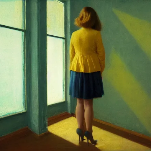 Image similar to close up of a girl in a blue and gold haunted liminal abandoned room, film still by edward hopper, by gottfried helnwein, by klimt, art noveau, highly detailed, strong lights, liminal, eerie, bright pastel colors,