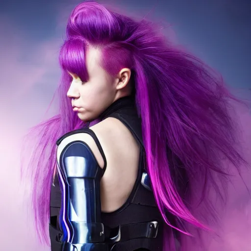 Image similar to a award winning action upper body portrait of a beautiful woman with a ombre purple pink hairstyle with head in motion and hair flying while wearing futuristic navy blue bodyarmor and pauldrons, outrun, vaporware, highly detailed, fine detail, intricate