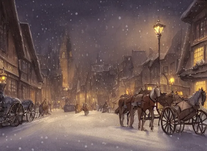 Image similar to a night scene of a snowy town with a horse drawn carriage, a detailed matte painting by anton pieck, deviantart contest winner, fantasy art, concept art, official art, matte drawing