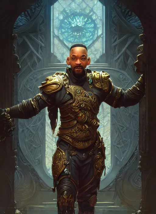 Prompt: will smith as oscar diggs, intricate, d & d, fantasy, art nouveau, digital painting, trending on artstation, sharp focus, wide shot, illustration, global illumination, ray tracing, art by artgerm and greg rutkowski and ruan jia