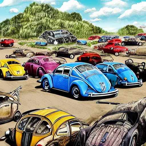 Image similar to highly detailed illustration of a bunch of volkswagen beetles and the british group the beatles battling on a junkyard battleground, color restoration