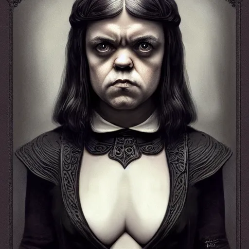 Image similar to peter dinklage as wednesday addams, digital painting, extremely detailed, 4 k, intricate, brush strokes, mark arian, artgerm, bastien lecouffe - deharme