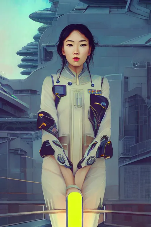 Image similar to portrait futuristic asian airforce girl, looking at the camera, expressive pose, symmetrical face, in future airport rooftop , sci-fi, fantasy, intricate, very very beautiful, elegant, human anatomy, neon light, highly detailed, digital painting, artstation, concept art, smooth, sharp focus, illustration, art by tian zi and WLOP and alphonse mucha