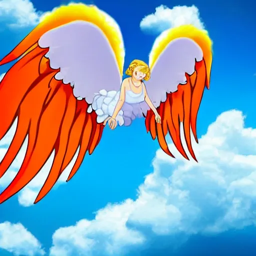 Image similar to bright blu sky. fluffy clouds. angels with big wings wake - up