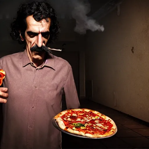 Image similar to frank zappa smoking a pizza, 8 k, photorealistic, octane render, award winning photography, lovecraft style, horror atmosphere, cinematic, hyper realism,