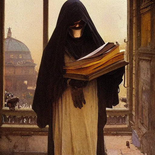 Prompt: half portait of magican wearing a closed cowl holding a big old book!, chain around his wrist, jeremy mann, jean leon gerome, alphonse mucha, greg rutkowski, hood covers his eyes, ( ( ruins of ancient rome ) ), at dusk, mysterious atmosphere, sunrays, dof, masterpiece, high detailed, 8 k