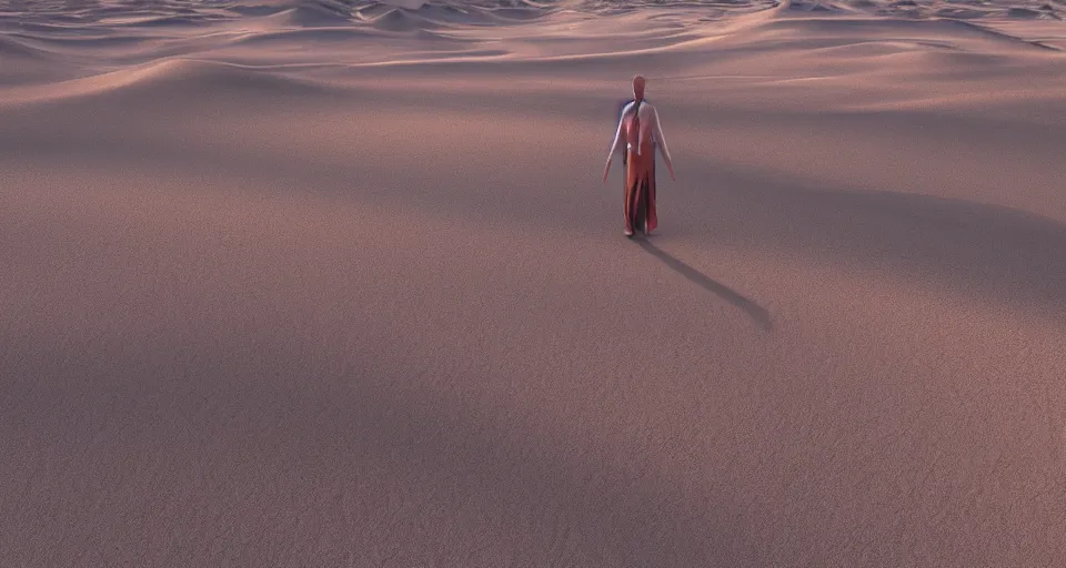 Image similar to a lone mage in a giant desert full of endless sand and dry air, hot sun burning mercylessly from above, lifeless feeling of dread, octane render, unreal engine, 8k high definition