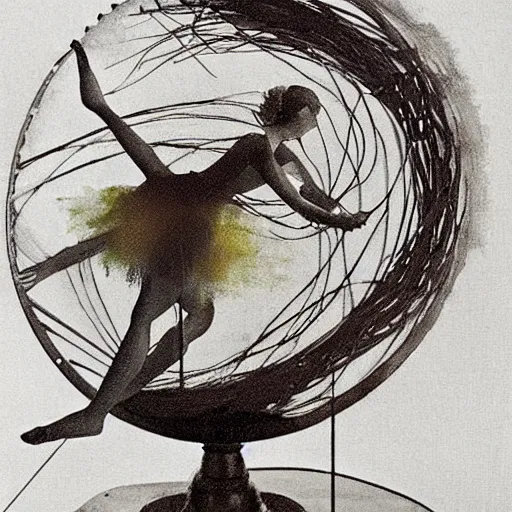 Prompt: A beautiful kinetic sculpture of a bright and fiery soul a power to do great things; but I fear you may one day unleash such a tempest of fire that you may consume yourself, and all the world around you. airbrush by Edgar Degas, by William Hogarth churning, lines