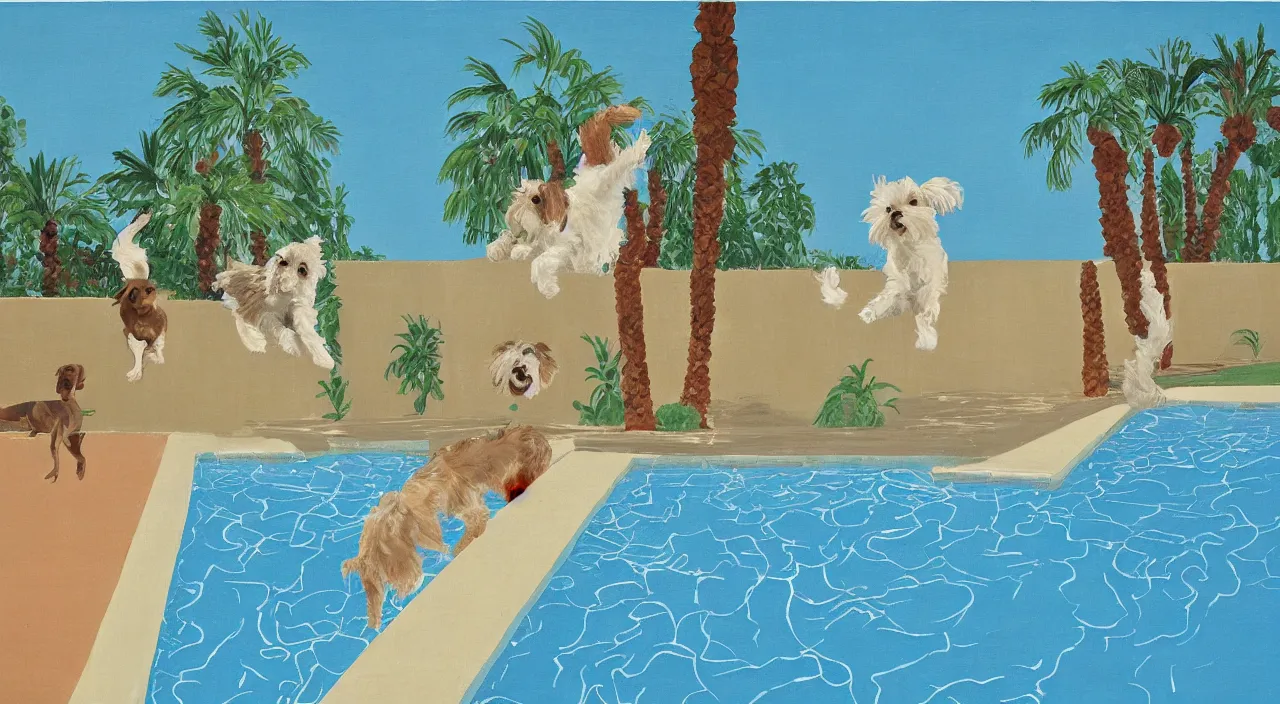 Prompt: medium shot of one cream colored havanese dog jumping from a diving board at a pool at a mid century modern house in palm springs oil painting by david hockney