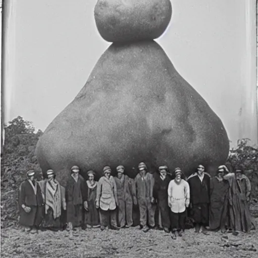 Prompt: A rare 1938 picture of the Frumaji - a sepratist sect of Pennsyvania farmers who worshiped a giant potato