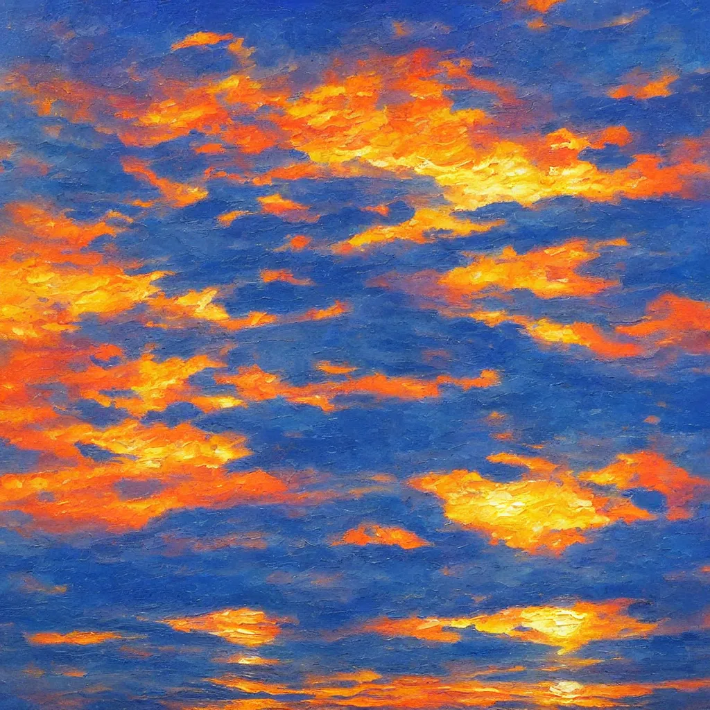 Image similar to an impasto oil painting of a stunning sunset painted by ken hong leung, blue color scheme, golden ratio