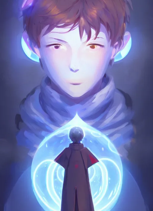 Image similar to a portrait of elemental light - kun with halo around his head, shiny, intricate, tone mapped, ambient lighting, highly detailed, digital painting, artstation, concept art, 4 k, god rays, stunning beautiful, glowing eyes, sharp focus, by makoto shinkai and akihiko yoshida and hidari and wlop