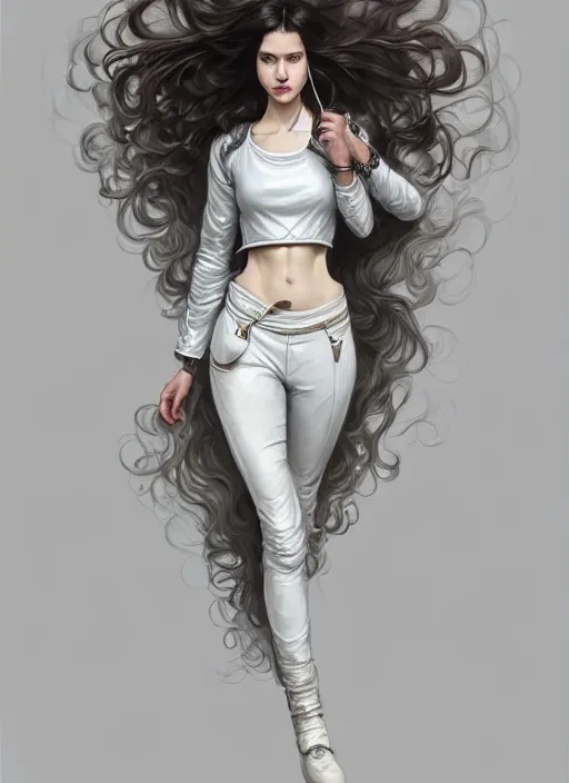 Image similar to girl in very short white! top and very short gray! leather jacket, open belly, long dark curly hair, high waist sweatpants, intricate, elegant, highly detailed, digital painting, artstation, concept art, smooth, illustration, art by artgerm and greg rutkowski and alphonse mucha