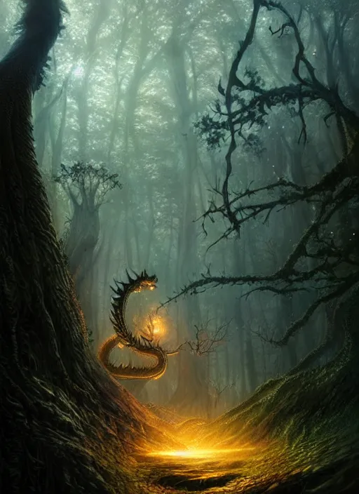 Image similar to fantasy forest landscape, dragon scales, fantasy magic, dark light night, intricate, elegant, sharp focus, illustration, highly detailed, digital painting, concept art, matte, art by WLOP and Artgerm and Greg Rutkowski, masterpiece