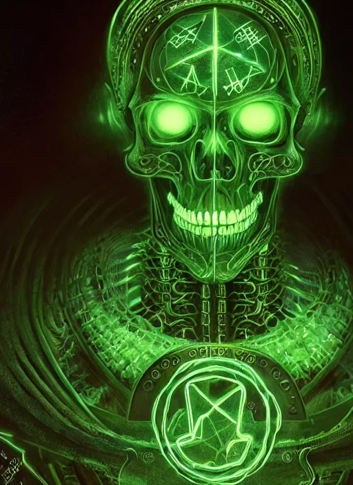 Image similar to portrait of a cyber skeleton, writing ancient evil runes with glowing green ink in a grand ancient book, intricate, elegant, glowing lights, highly detailed, digital painting, artstation, concept art, smooth, sharp focus, illustration, art by wlop, mars ravelo and greg rutkowski