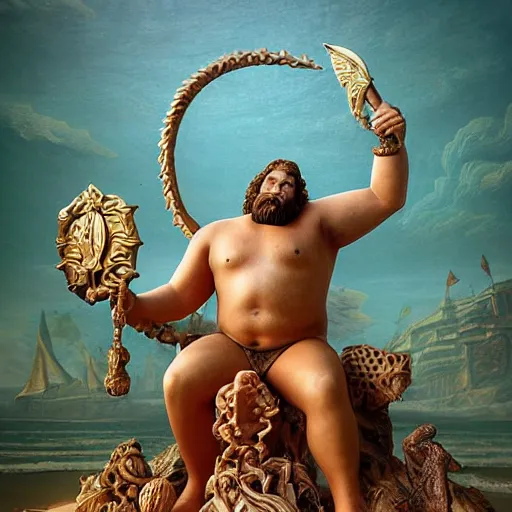 Prompt: The sculpture shows a mythological scene. A large, bearded man is shown seated on a throne, surrounded by sea creatures. He has a trident in one hand and a shield in the other. Behind him is a large fish, and in front of him are two smaller creatures. by Casey Weldon rich details, tumultuous