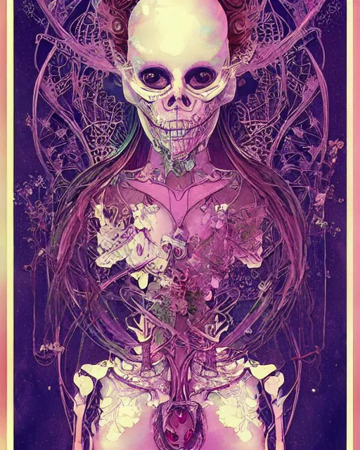 Image similar to glitch art bionic skeleton ghost, glitches, vaporwave, highly detailed, very intricate, art nouveau, filigree, romantic storybook fantasy, harsh lighting, award - winning, disney concept art watercolor illustration by mandy jurgens and alphonse mucha and alena aenami, glitch color palette, featured on artstation