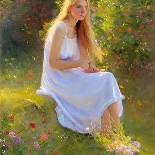 Image similar to blonde woman, nightgown, swedish countryside, archipelago, morning, masterpiece, highly detailed, beautiful, atmospheric, impressionism, painting by Vladimir Volegov