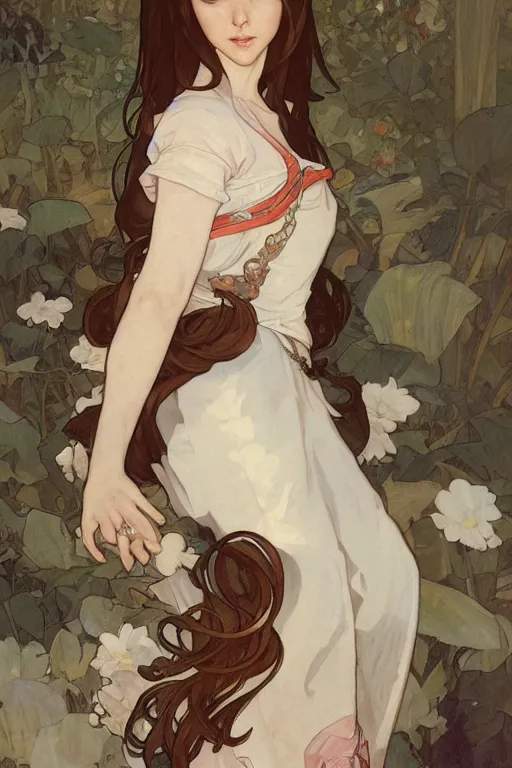 Prompt: beautiful maid who looks like anna kendrick, detailed full body portrait by Krenz Cushart and Artem Demura and Alphonse Mucha, amazing detail, stunning lines, flat colors, 4K, character design, concept art