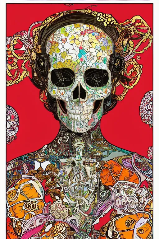 Prompt: skull portrait half girl half skeleton illustration detailed patterns art of thai traditional dress, pop art, splash painting, art by geof darrow, ashley wood, alphonse mucha, makoto shinkai