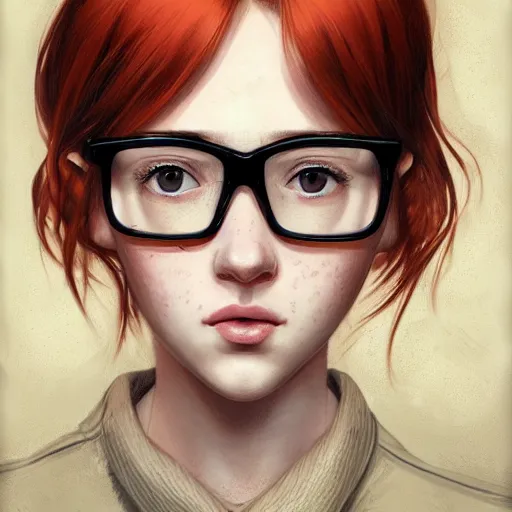 Prompt: a comic portrait of a redheaded girl with freckles and glasses - face, realistic shaded perfect face, fine details, day setting. very anime style. realistic shaded lighting poster by ilya kuvshinov katsuhiro, magali villeneuve, artgerm, jeremy lipkin and michael garmash, rob rey and kentaro miura style, trending on art station