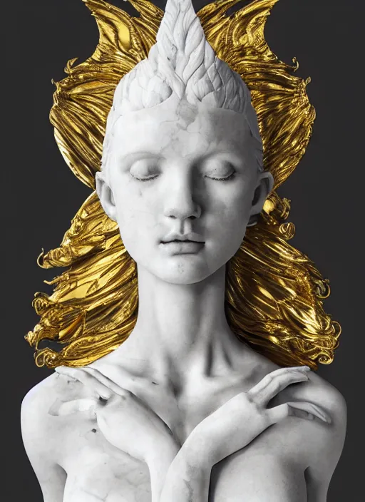 Image similar to a statue made of white marble with gold veins, of an beautiful gorgeous angel girl, full body shot, perfect symmetrical body, perfect symmetrical face, no eyes, hyper realistic, hyper detailed, fujicolor superia 1 6 0 0 photo, by johannen voss, by peter kemp, by monia merlo, by michelangelo octane render, blender, 8 k