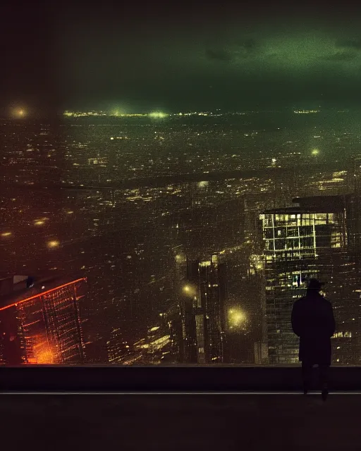 Image similar to a night rooftop scene by Liam Wong, neon lights in the city below, close up shot of a photorealistic gangster wearing a trench coat looking at the city below, dark mood, octane render, unreal engine 5, vray render