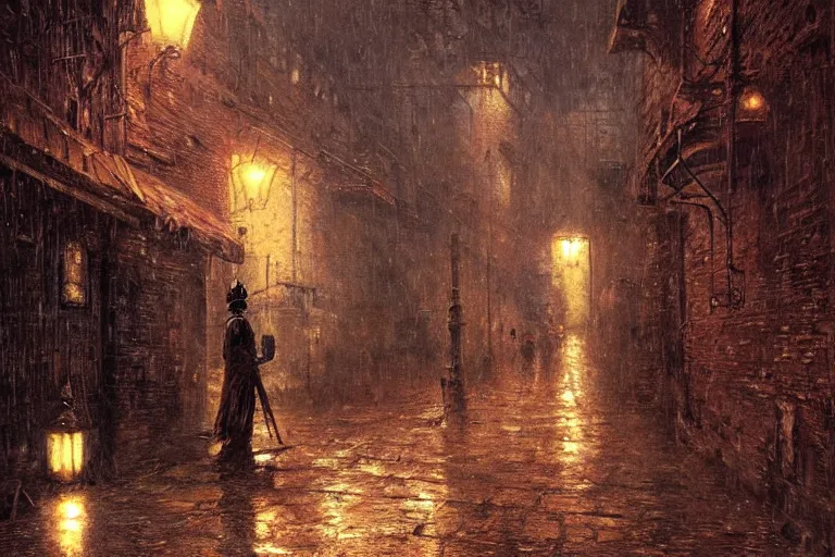 Prompt: An alleyway at night during rain, moody scene, highly detailed, intricate, sharp details, dystopian mood, 1950 scene by gaston bussiere, craig mullins, somber lighting, drawn by Giacomo Burattini, inspired by graphic novel cover art