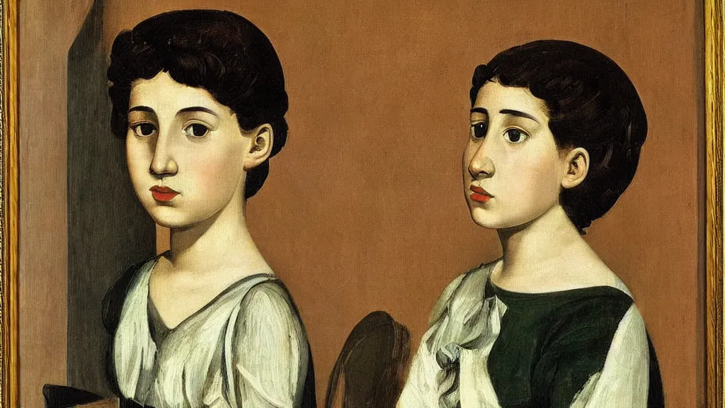 Prompt: A decent young girl portrait by Giorgio De Chirico.