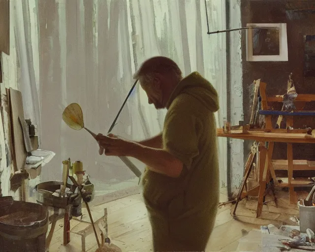 Image similar to an exhausted painter in his studio painting a picture of a pepe the frog - key lighting, soft lights, foggy, by steve hanks, by lisa yuskavage, by serov valentin, by tarkovsky, 8 k render, detailed, oil on canvas