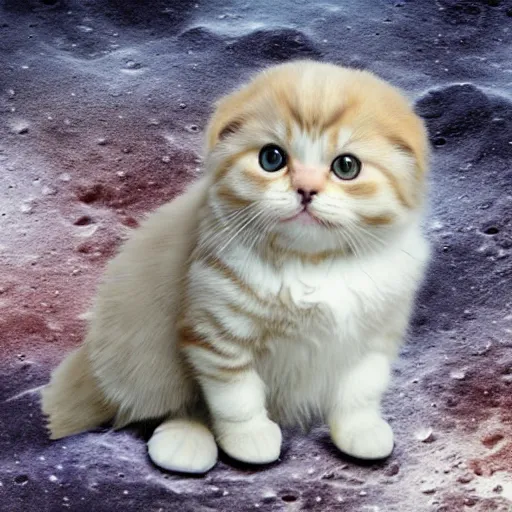 Image similar to cute little golden eyed scottish fold on the moon, realistic