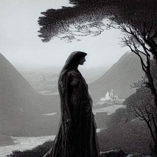 Image similar to A lonely woman, distant city, forest, cliff, gorgeous view, dramatic light, high contrast, illustration by Gustave Doré