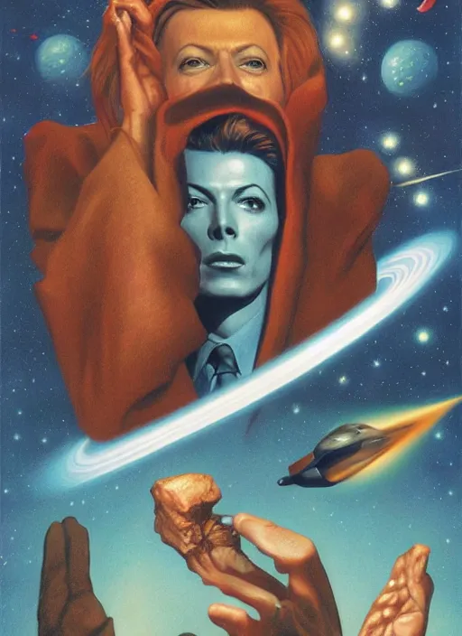 Prompt: twin peaks poster art, david bowie floating through the cosmo outer space, old retro pulp, by michael whelan, rossetti bouguereau, artgerm, nostalgic, old fashioned