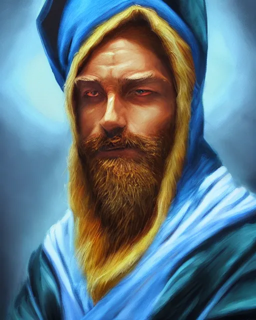 Prompt: Hyper realistic painting of a wizard in a blue robe, by Anato Finnstark, detailed, beautiful, trending on artstation