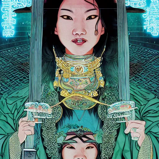 Image similar to portrait of miao yin from big trouble in little china, symmetrical, by yoichi hatakenaka, masamune shirow, josan gonzales and dan mumford, ayami kojima, takato yamamoto, barclay shaw, karol bak, yukito kishiro